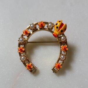 Vintage Floral Horseshoe Brooch With Bug
